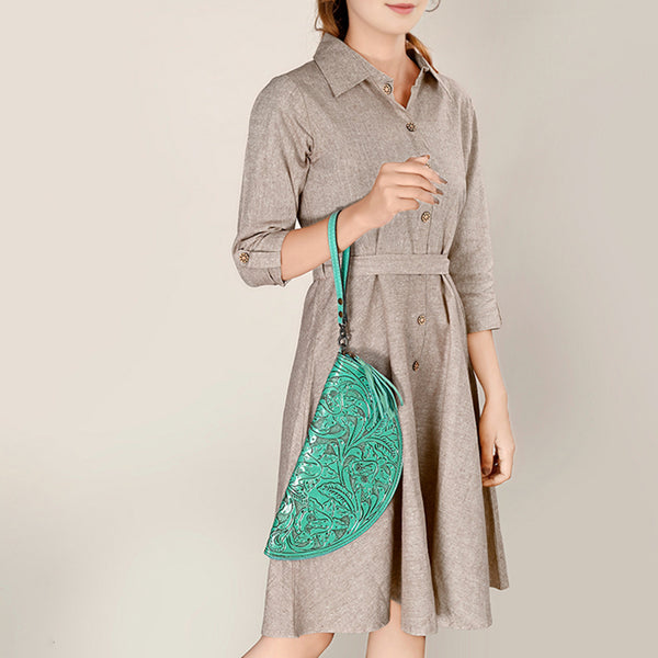 ADBG1233 American Darling Hand-Tooled Western Leather Taco Bag - Genuine Floral Carved Designer Wristlet