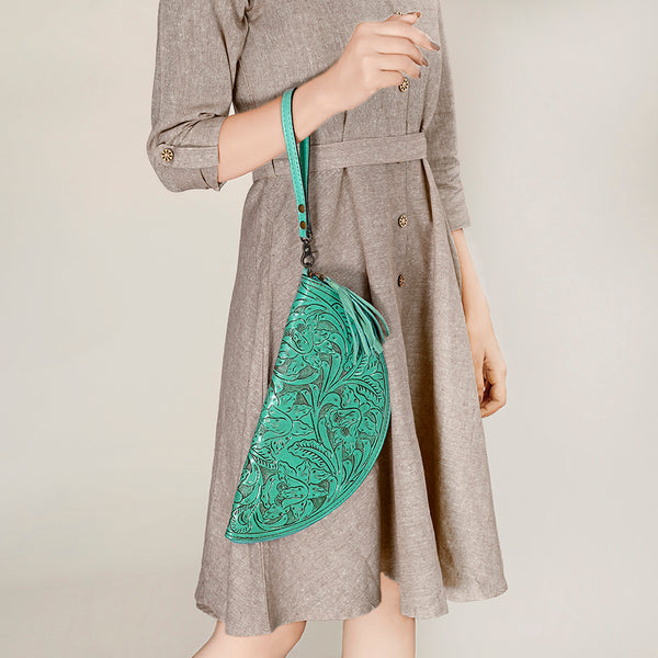 ADBG1233 American Darling Hand-Tooled Western Leather Taco Bag - Genuine Floral Carved Designer Wristlet