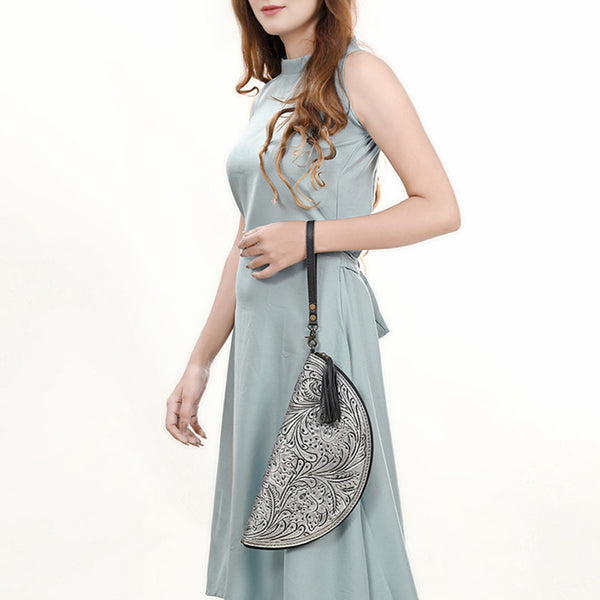 ADBG1233 American Darling Hand-Tooled Western Leather Taco Bag - Genuine Floral Carved Designer Wristlet