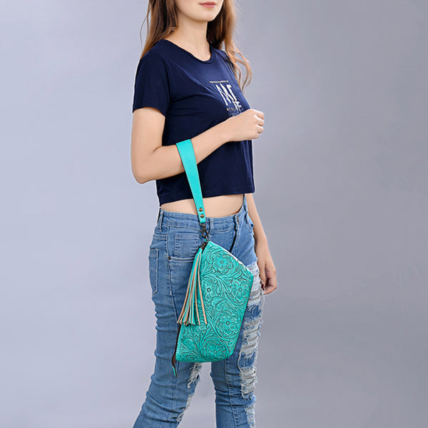 ADBG1234 American Darling Hand-Tooled Western Leather Wristlet Bag - Genuine Floral Carved Women Clutch