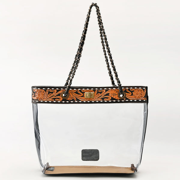 ADBG1238 American Darling Western Clear Tote Bag with Hand-Tooled Leather Trim - Genuine Leather Stadium-Approved Tote