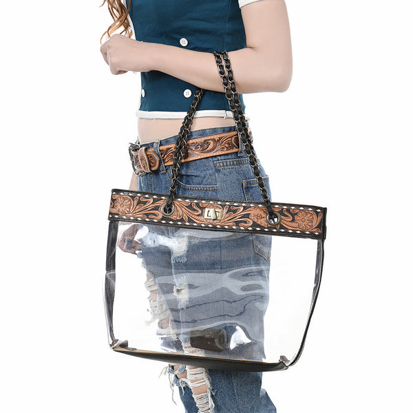 ADBG1238 American Darling Western Clear Tote Bag with Hand-Tooled Leather Trim - Genuine Leather Stadium-Approved Tote