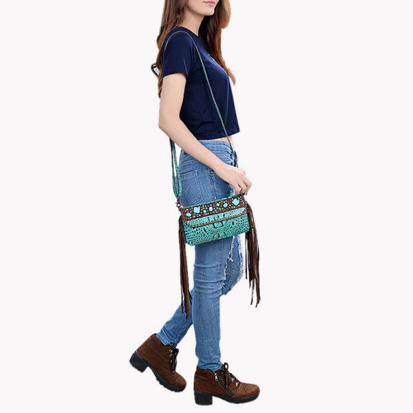 ADBG1241 American Darling Western Crossbody Handbag with Fringe - Crocodile Embossed Genuine Leather Purse