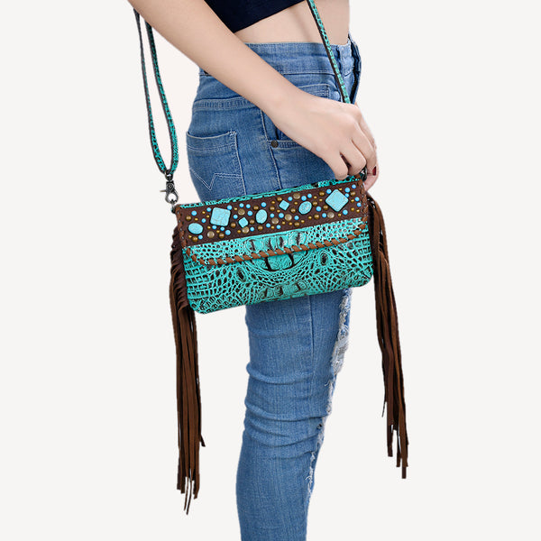 ADBG1241 American Darling Western Crossbody Handbag with Fringe - Crocodile Embossed Genuine Leather Purse