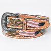 LC-ADBLF152 Hand-Tooled Leather Belt - Pink Feather & Turquoise Flower Western Design