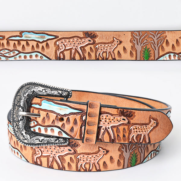LC-ADBLF163 Tooled Leather Western Belt - Deer & Wilderness Landscape