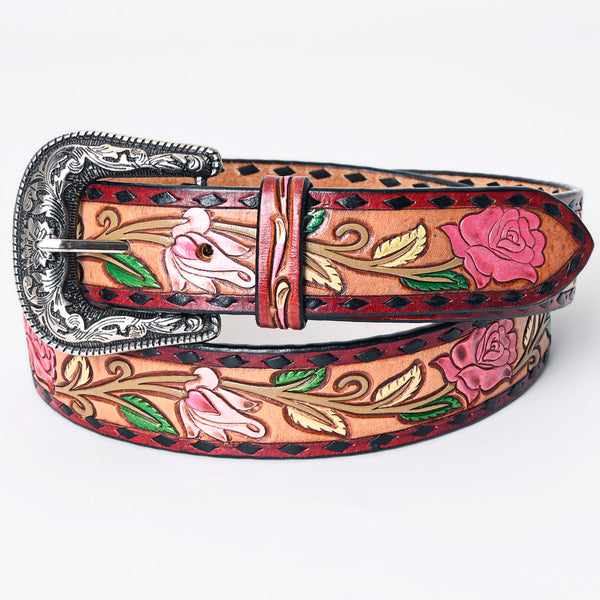 LC-ADBLF167 Handtooled Leather Belt - Pink Roses & Calla Lilies on Red-Bordered Natural Leather