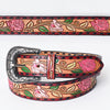 LC-ADBLF167 Handtooled Leather Belt - Pink Roses & Calla Lilies on Red-Bordered Natural Leather