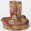 LC-ADBLF168 Handtooled Leather Belt - Warrior Skull Headdress & Western Floral Accents