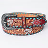 LC-ADBLF170 Handtooled Leather Western Belt - Red Floral & Turquoise Diamond Inlay