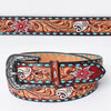LC-ADBLF170 Handtooled Leather Western Belt - Red Floral & Turquoise Diamond Inlay
