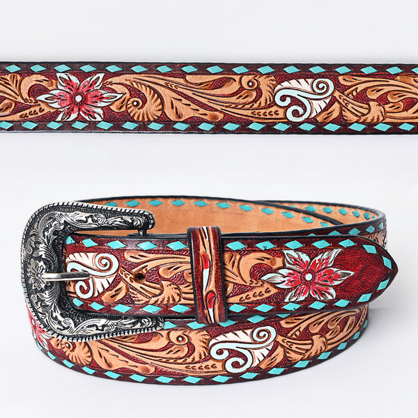 LC-ADBLF170 Handtooled Leather Western Belt - Red Floral & Turquoise Diamond Inlay