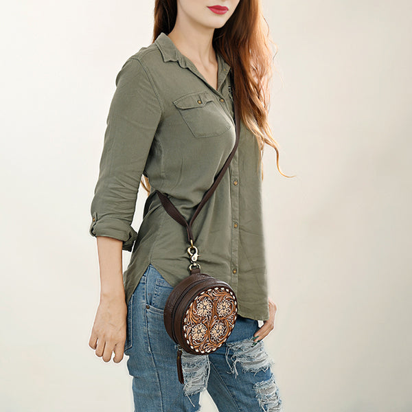 ADBGA426 American Darling Handcrafted Tooled Leather Floral Canteen Crossbody Bag