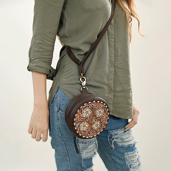 ADBGA426 American Darling Handcrafted Tooled Leather Floral Canteen Crossbody Bag