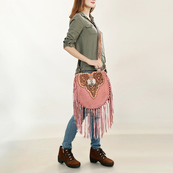 ADBGA431 American Darling Suede Fringe Hand Tooled Leather Large Cross body Bag