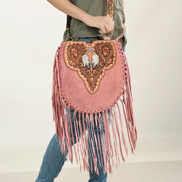 ADBGA431 American Darling Suede Fringe Hand Tooled Leather Large Cross body Bag