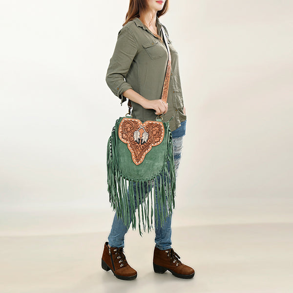 ADBGA431 American Darling Suede Fringe Hand Tooled Leather Large Cross body Bag