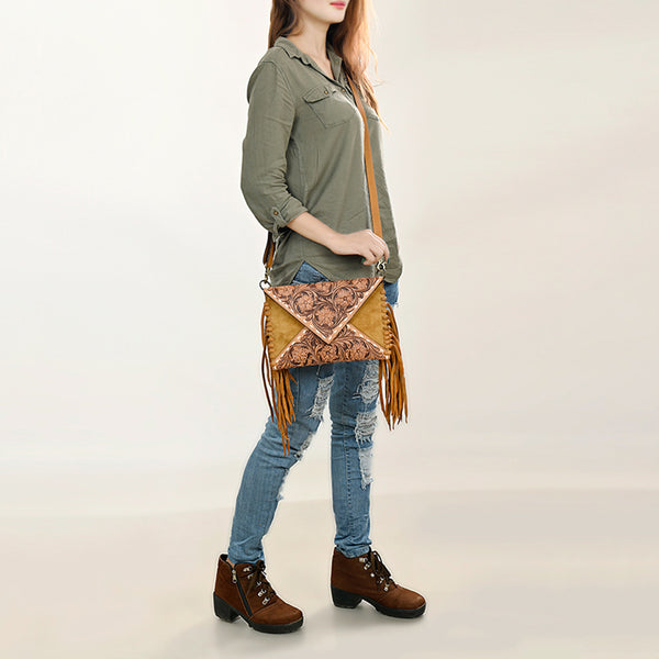 ADBGA434 American Darling Genuine Suede Leather Hand Tooled Fringe Envelope Western Bag
