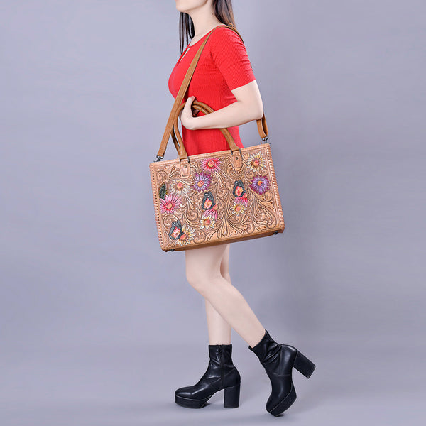 ADBG235 American Darling Western Leather Tote Bag - Hand Tooled Floral Carved Braided Purse