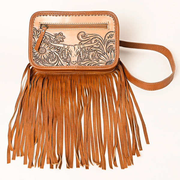 ADBG1247 American Darling Western Genuine Leather Hand-Tooled Fringe Fanny Pack -Women Western Belt Bag
