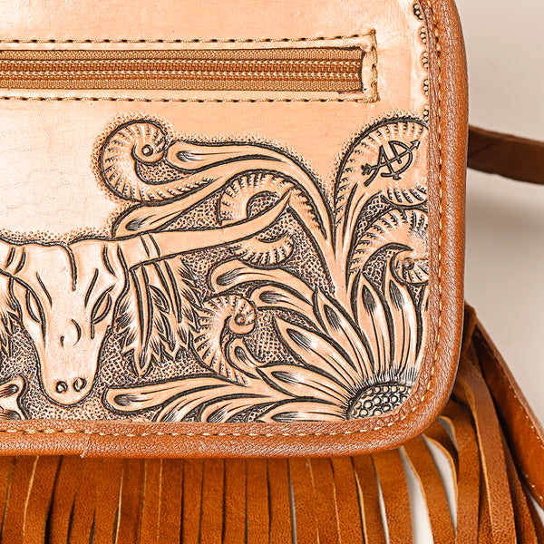 ADBG1247 American Darling Western Genuine Leather Hand-Tooled Fringe Fanny Pack -Women Western Belt Bag