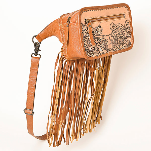 ADBG1247 American Darling Western Genuine Leather Hand-Tooled Fringe Fanny Pack -Women Western Belt Bag
