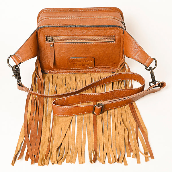 ADBG1247 American Darling Western Genuine Leather Hand-Tooled Fringe Fanny Pack -Women Western Belt Bag