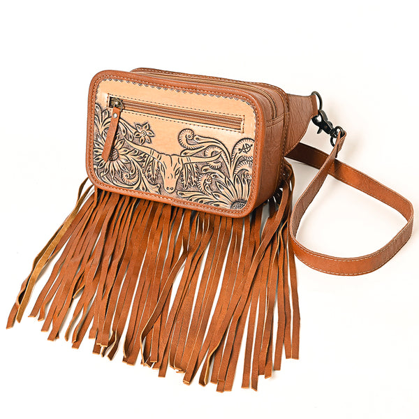 ADBG1247 American Darling Western Genuine Leather Hand-Tooled Fringe Fanny Pack -Women Western Belt Bag