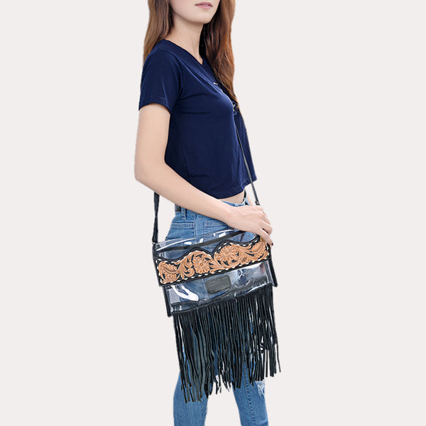 ADBG1256 American Darling Hand-Tooled Leather Clear Western Crossbody Bag with Fringe - Genuine Leather