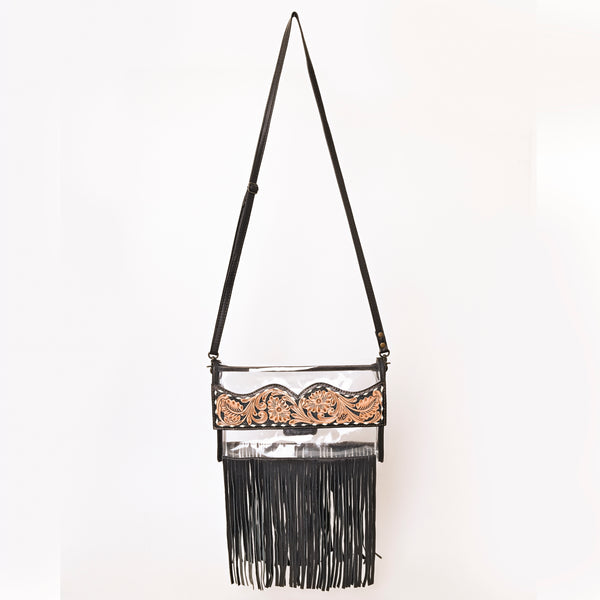 ADBG1256 American Darling Hand-Tooled Leather Clear Western Crossbody Bag with Fringe - Genuine Leather
