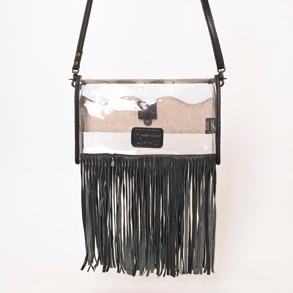ADBG1256 American Darling Hand-Tooled Leather Clear Western Crossbody Bag with Fringe - Genuine Leather