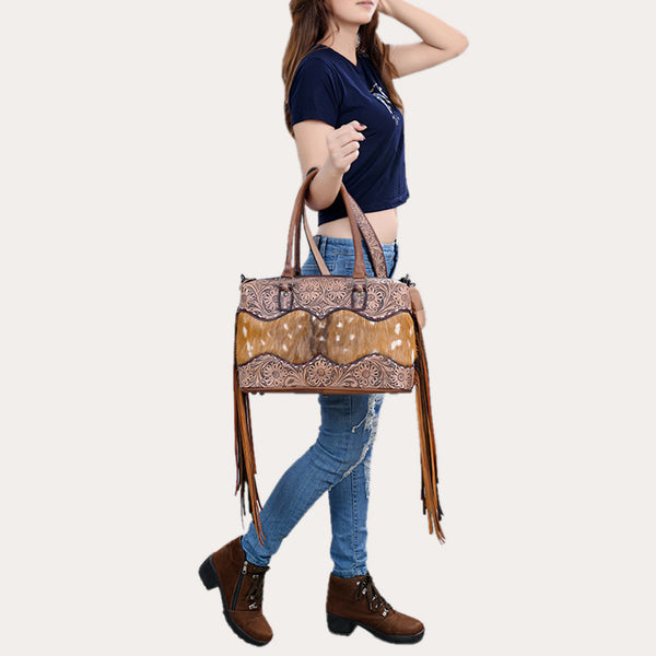 ADBG1258 American Darling Hand-Tooled Leather & Hair-On Cowhide Western Tote Bag with Fringe - Genuine Leather