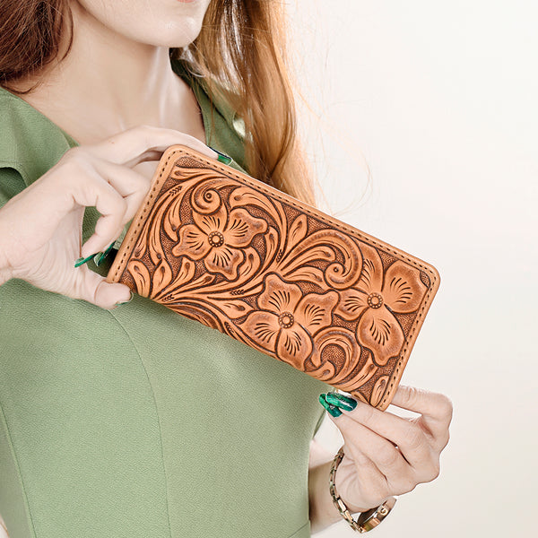 ADBG1269 American Darling Hand-Tooled Genuine Leather Western Wallet Handbag - Floral Carved Women Wallet