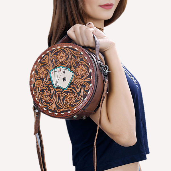 ADBG1270 American Darling Tooled Leather Canteen Bag -Playing Card Western Purse