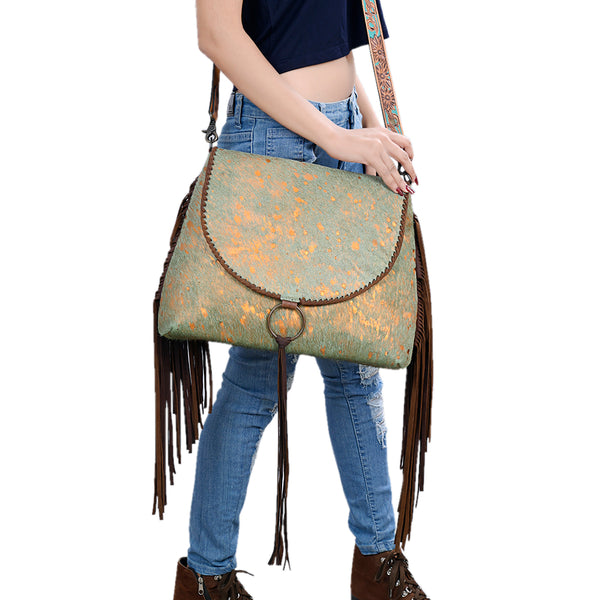 ADBG1273 American Darling Cowhide Fringe Crossbody -Tooled Leather Bag