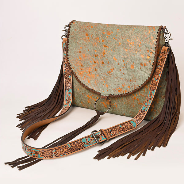 ADBG1273 American Darling Cowhide Fringe Crossbody -Tooled Leather Bag