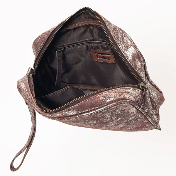 ADBGZ777 Western Metallic Leather Wristlet Jewelry Case - Silver-Foiled Distressed Finish