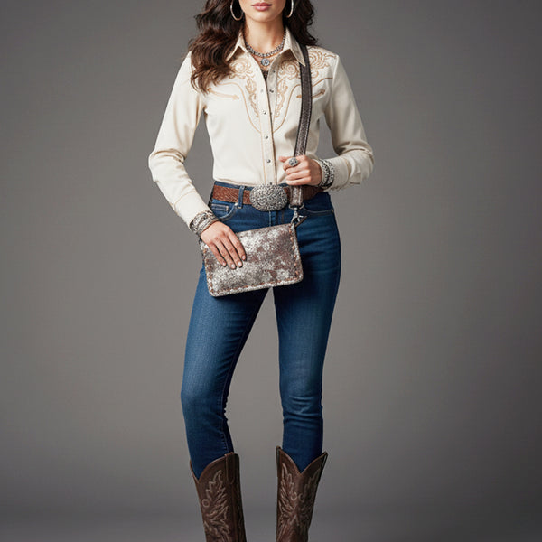 ADBGZ778 Western Distressed Metallic Leather Crossbody - Silver-Foiled Sling Bag