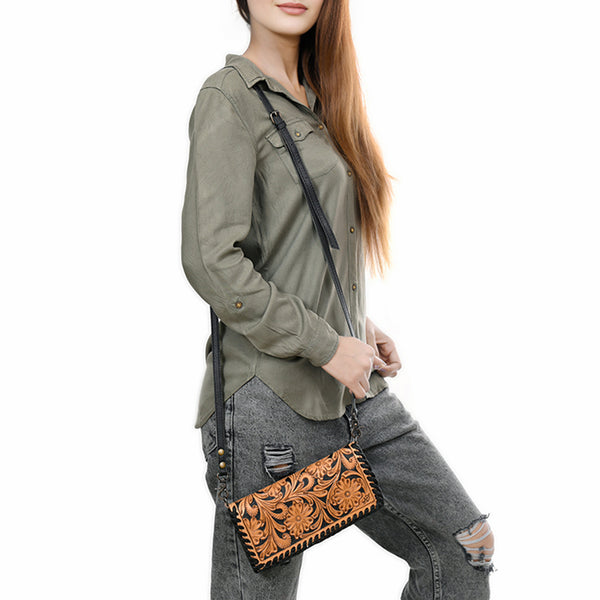 ADBG1280 American Darling Tooled Leather Crossbody Wallet -Braided Western Bag