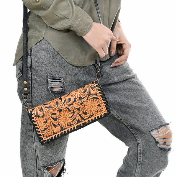 ADBG1280 American Darling Tooled Leather Crossbody Wallet -Braided Western Bag