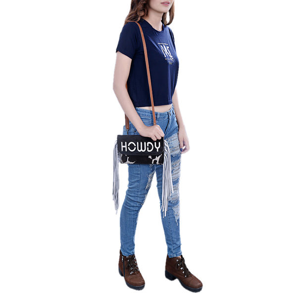 ADBG1282 American Darling Western Leather Crossbody Bag with Hair-On Cowhide & Fringe