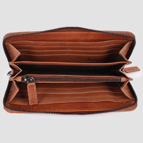 ADBGM394 Saddle Brown Zip-Around Leather Wallet Wristlet - American Darling