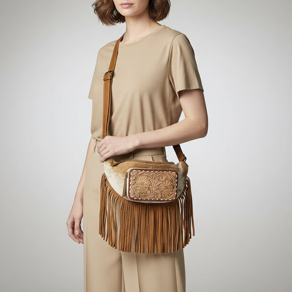 ADBG1297 American Darling Western Leather Fanny Pack with Hair-On Cowhide and Fringe -Hand-Tooled Waist Bag