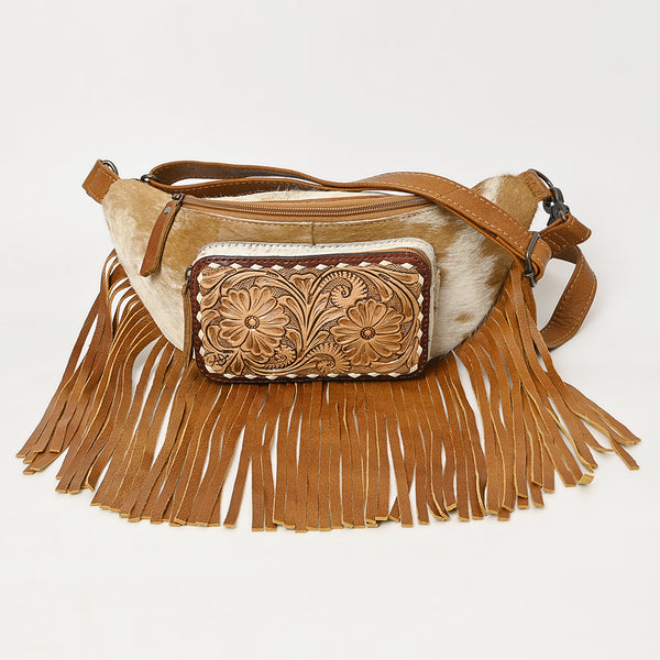 ADBG1297 American Darling Western Leather Fanny Pack with Hair-On Cowhide and Fringe -Hand-Tooled Waist Bag