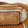 ADBG1297 American Darling Western Leather Fanny Pack with Hair-On Cowhide and Fringe -Hand-Tooled Waist Bag
