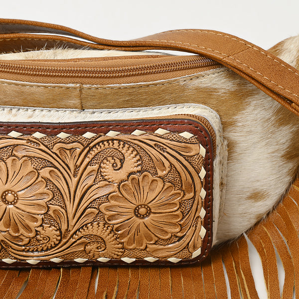 ADBG1297 American Darling Western Leather Fanny Pack with Hair-On Cowhide and Fringe -Hand-Tooled Waist Bag