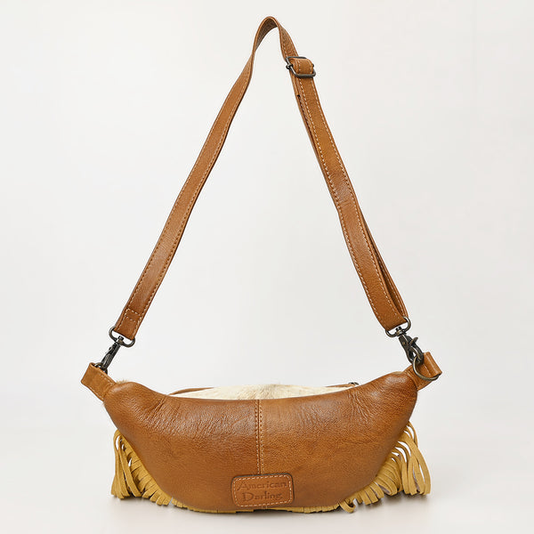 ADBG1297 American Darling Western Leather Fanny Pack with Hair-On Cowhide and Fringe -Hand-Tooled Waist Bag