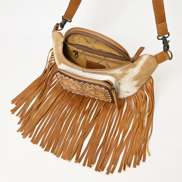 ADBG1297 American Darling Western Leather Fanny Pack with Hair-On Cowhide and Fringe -Hand-Tooled Waist Bag