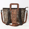 ADBG1298 American Darling Western Leather Tote Bag with Hair-On Cowhide & Hand-Tooled Handles -Fringe Detail