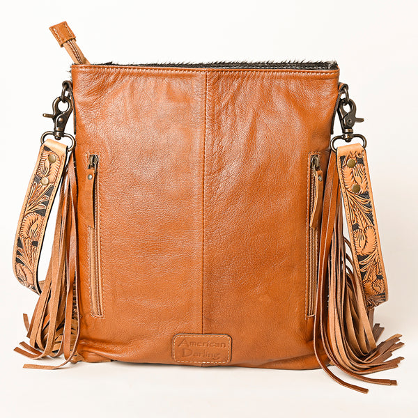 ADBG1299 American Darling Western Leather Hair-On Cowhide Large Crossbody Bag with Hand-Tooled Fringe Detail